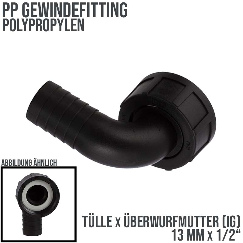 13 mm x 1/2 " PP Gewinde Fitting Winkel 90° Schlauch Tülle Stutzen ÜWM Innengewinde IG - PN 6 bar