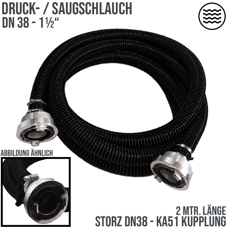 STORZ DN38 KA51 - 38 mm 1 1/2" PVC Saug Ansaug Pumpen Spiral Schlauch PN 5 bar schwarz - 2 m Rolle