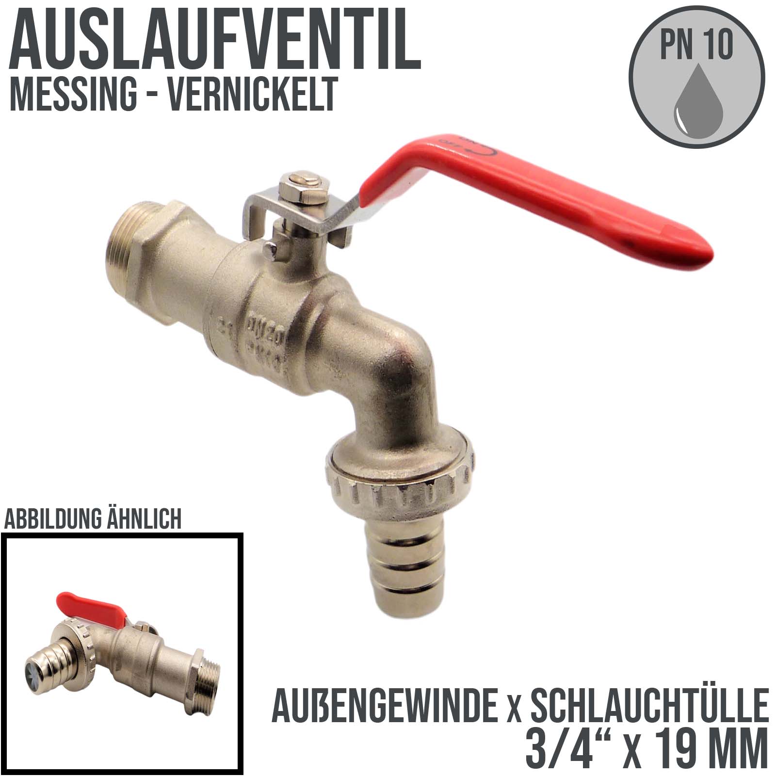 3/4" Messing Auslauf Kugel Wasser Hahn Ventil Aussengewinde Tülle 19mm - PN 10 bar