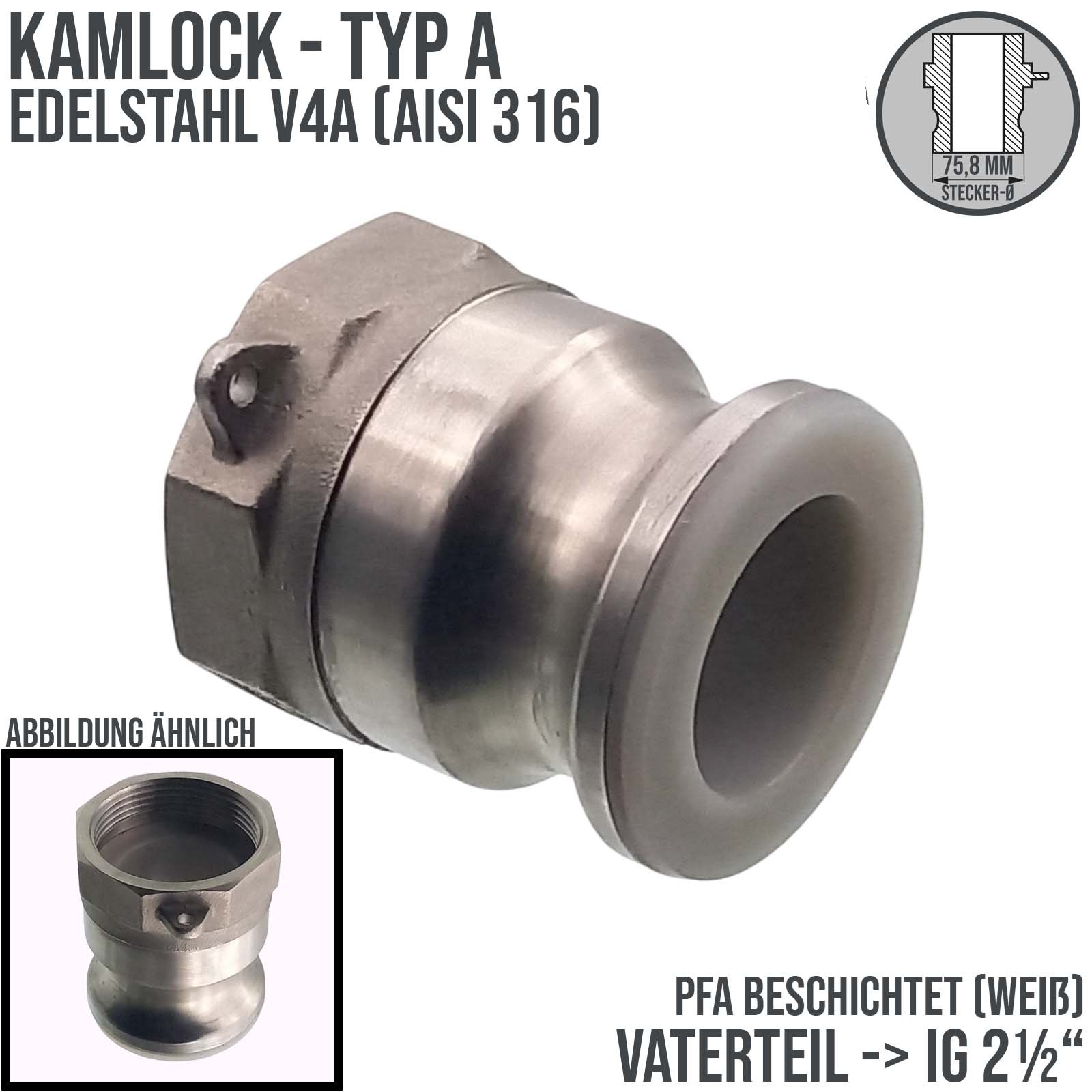 Kamlock Typ A - Vaterteil Edelstahl V2A (AISI 316) - 75,8 mm Stecker mit Innengewinde (IG) 2 1/2" Zoll DN 65 PFA beschichtet - PN 25 bar