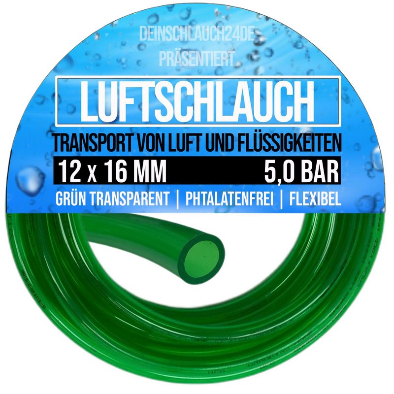 12 x 16 mm PVC Luft Filter Wasser Universal Labor Aquarium Terrarium Schlauch grün transparent - PN 5 bar