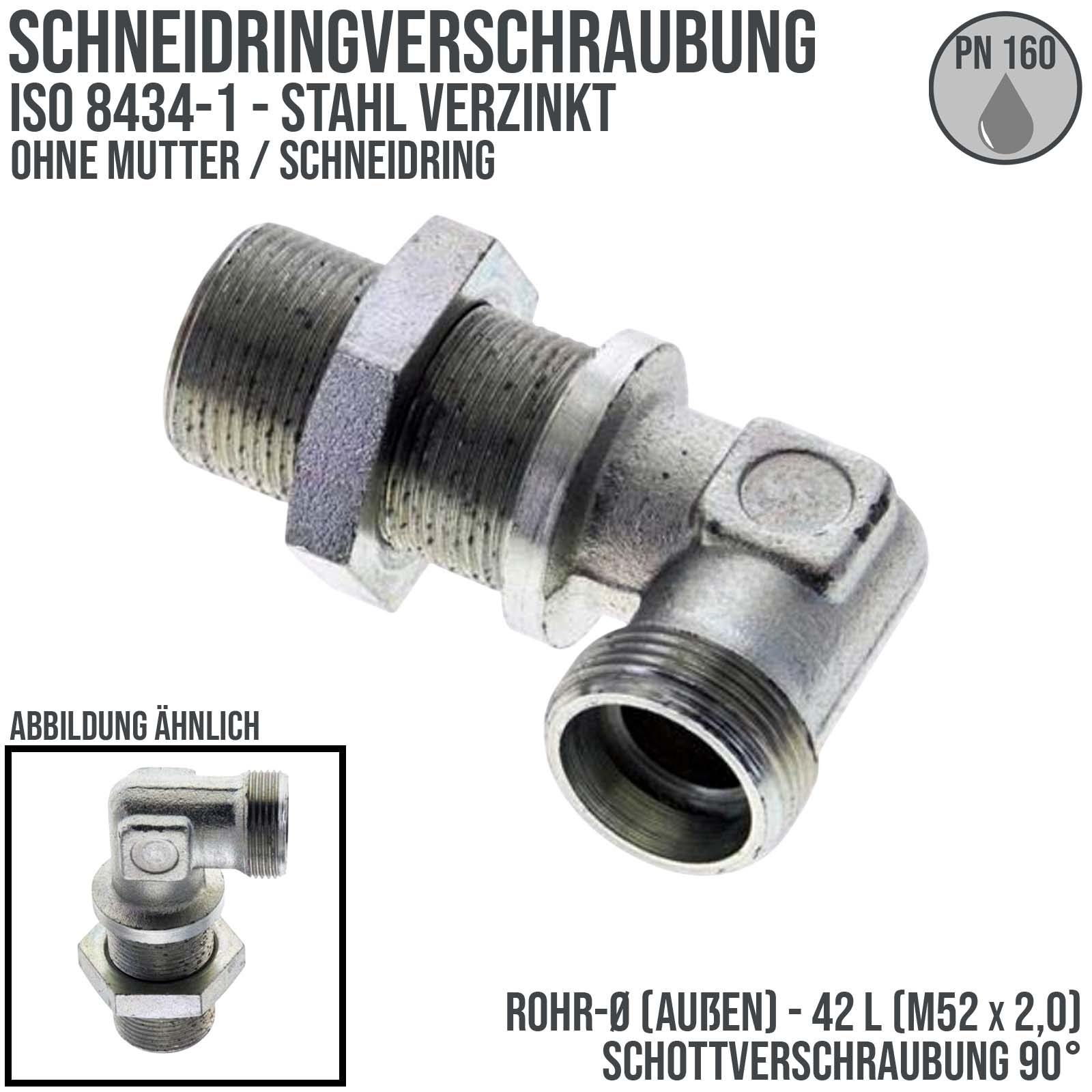42 L Schneidring Winkel 90° Schott Verschraubung (M 52 x2,0) AG ohne Mutter / Schneidring - PN 160 bar