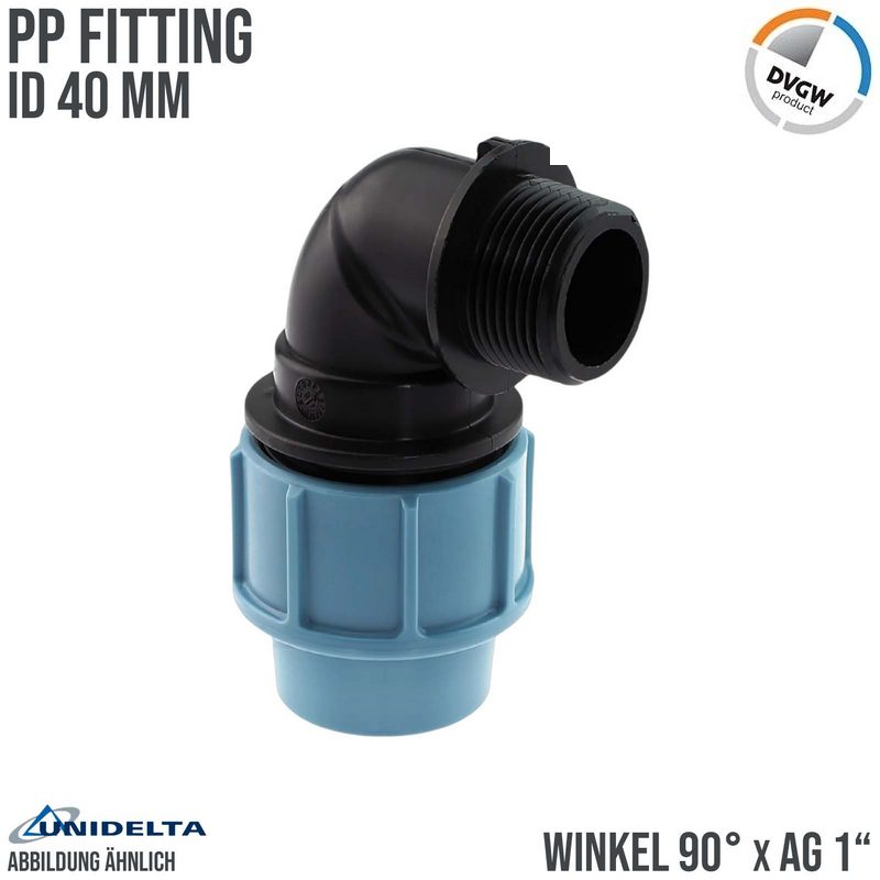40 mm x 1" PE PP Fitting Klemm Verbinder Verschraubung Rohr Winkel 90° x AG DVGW - Unidelta