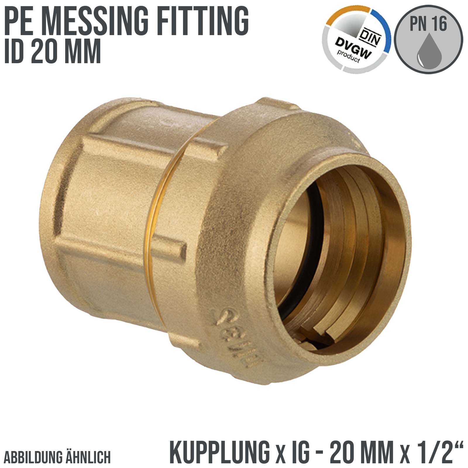20 mm x 1/2" PE Fitting Klemm Verbinder Messing Verschraubung Muffe Kupplung x IG DVGW - PN 16 bar