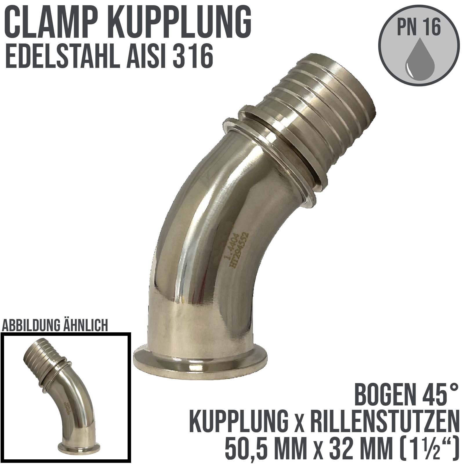 CLAMP Kupplung 45° Bogen 50,5 mm Schlauch Stutzen Tülle Rillen 32 mm 1 1/4" - PN 16 bar
