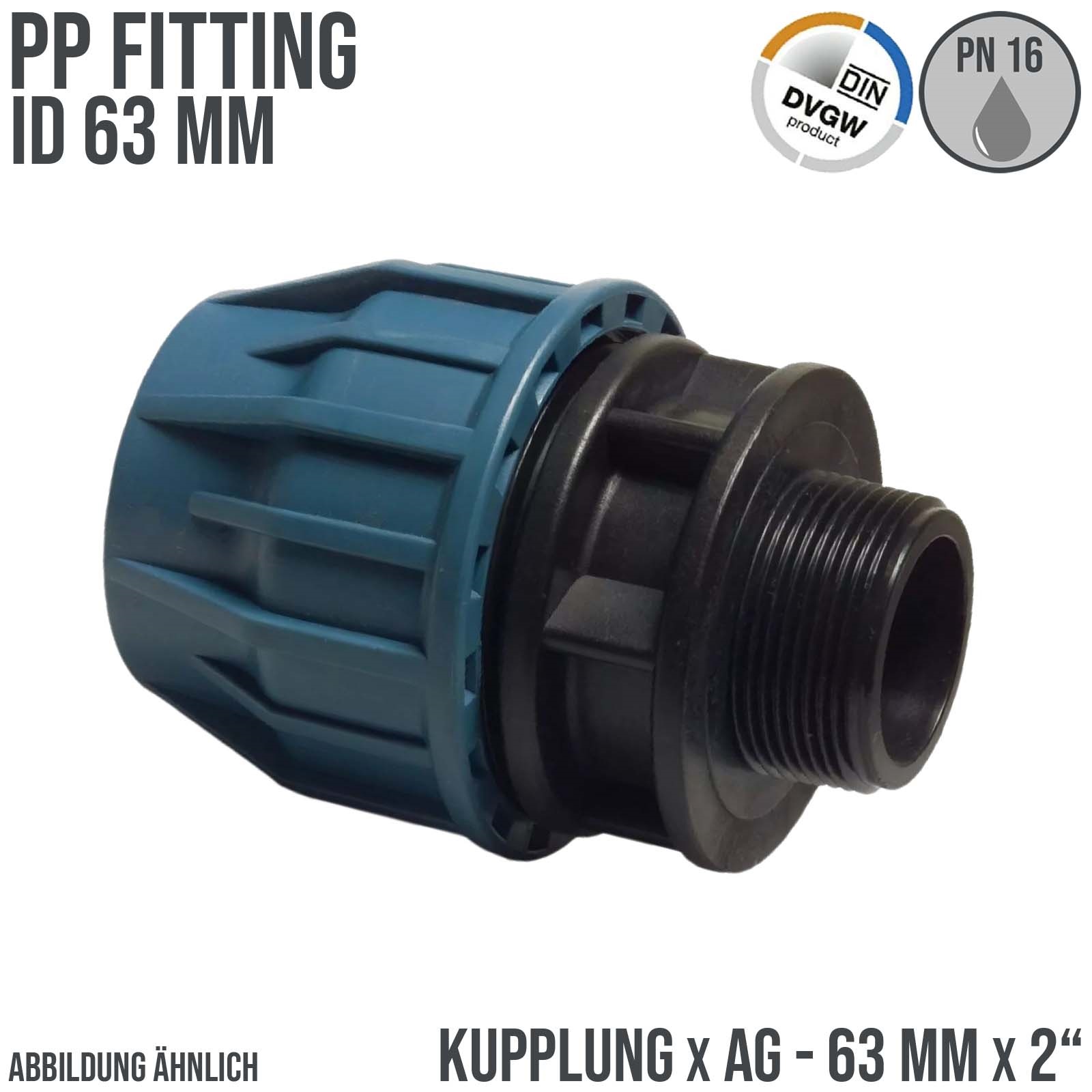 63 mm x 2" PE PP Fitting Klemm Verbinder Verschraubung Muffe Rohr Kupplung x AG DVGW - PN 16 bar