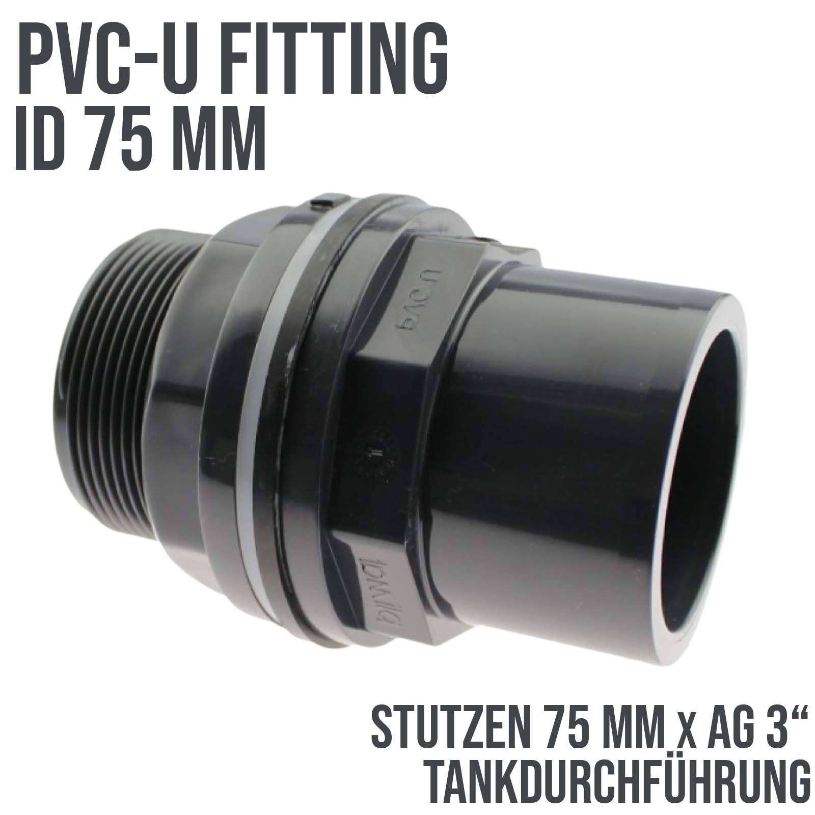 75/90 mm x 3" Zoll PVC-U Tankdurchführung Klebestutzen auf Klebemuffe x Außengewinde AG - PN 10 bar