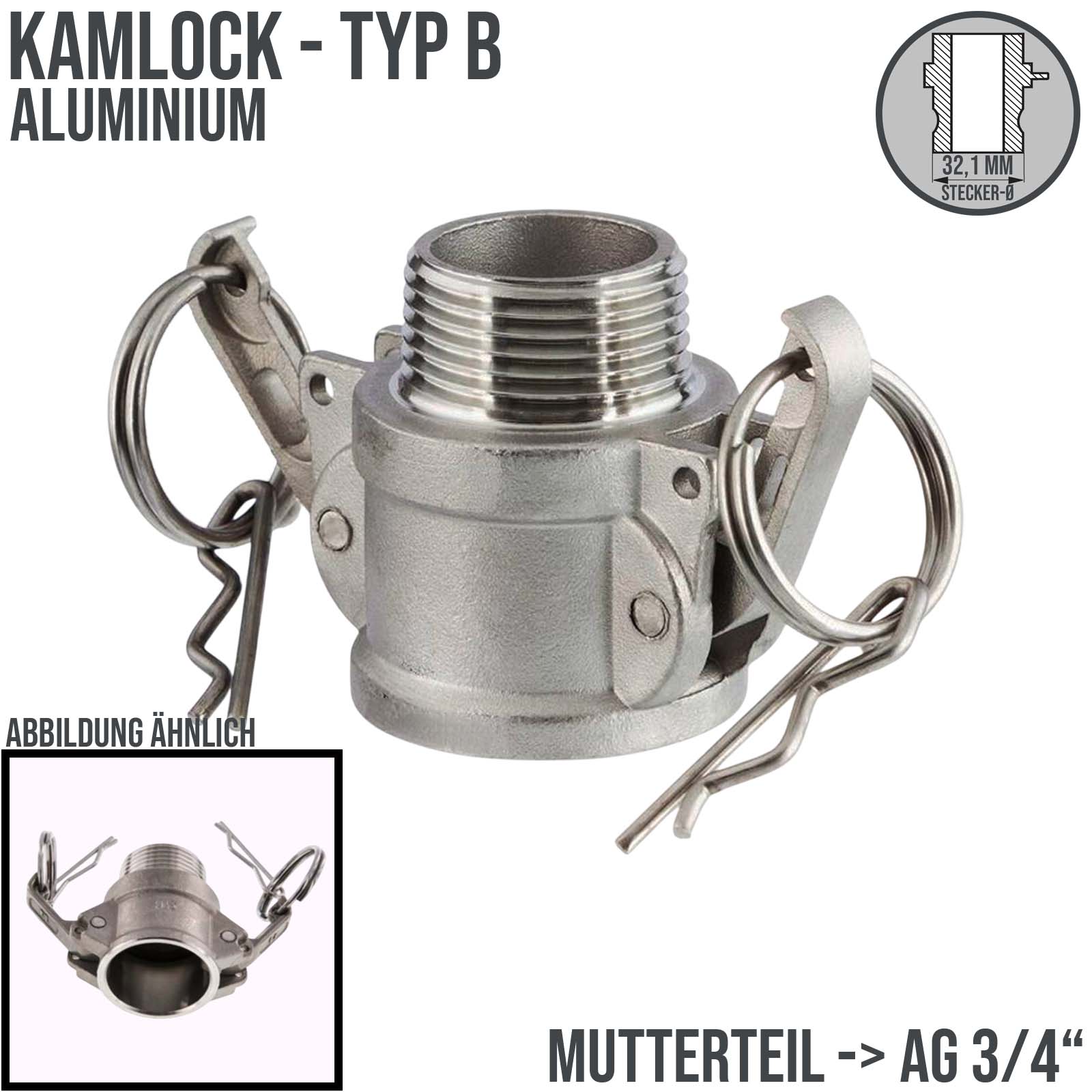 Kamlock Typ B - Mutterteil (32,1 mm) Aluminium ALU mit Außengewinde (AG) 3/4" Zoll DN19 DN20 - PN 10 bar