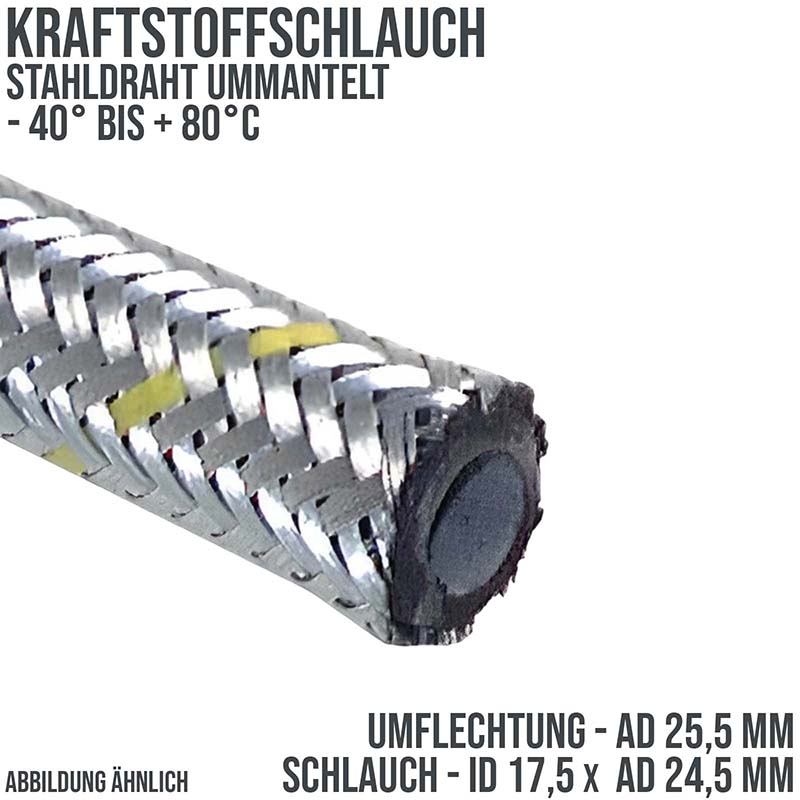 17,5 x 24,5 mm Kraftstoff Silber Benzin Öl Schlauch Stahl Draht Umflechtung NBR - PN 12 bar