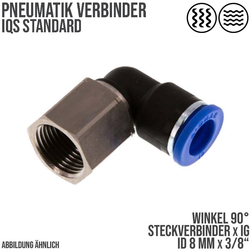 8 mm x 3/8" Pneumatik Steck Verbinder Winkel 90° IQS Innengewinde - PN 20 bar