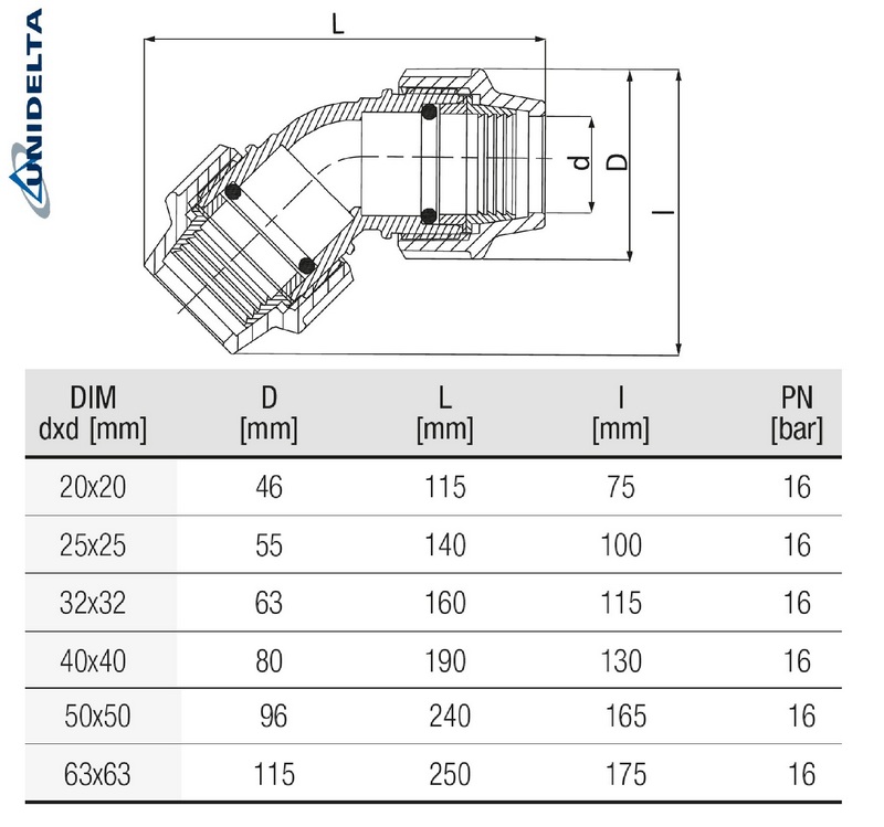63 mm PE PP Fitting Klemm Verbinder Verschraubung Muffe Rohr Winkel 45° DVGW - Unidelta