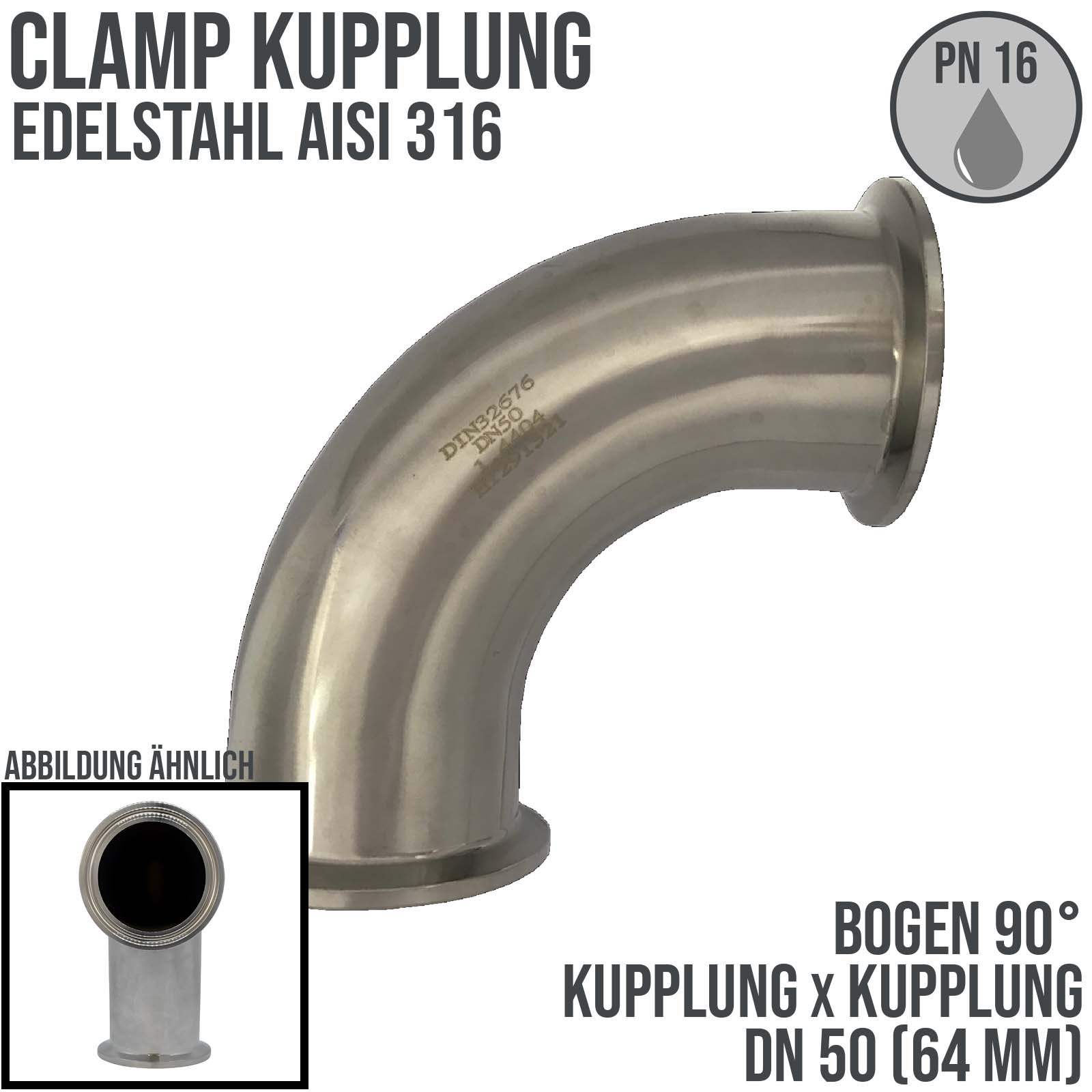 CLAMP Kupplung Bogen 90° 64 mm DIN 32676 Flansch Teller DN 50  2" - PN 16 bar