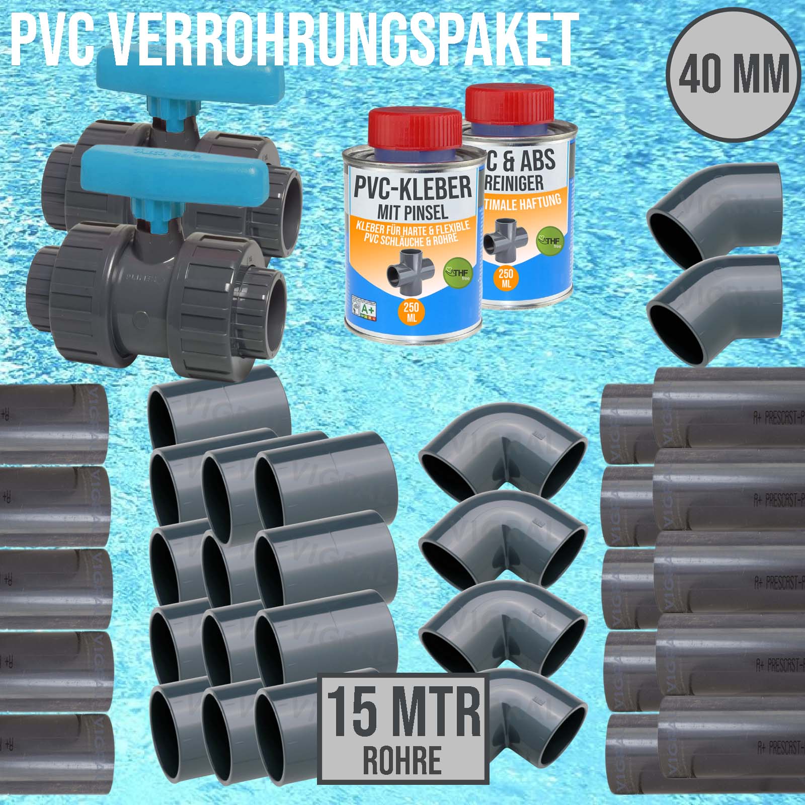 40 mm PVC Klebe Fittings Verrohrungspaket Pool Schwimmbad Schlauch Rohr FEST - 15 m - blau