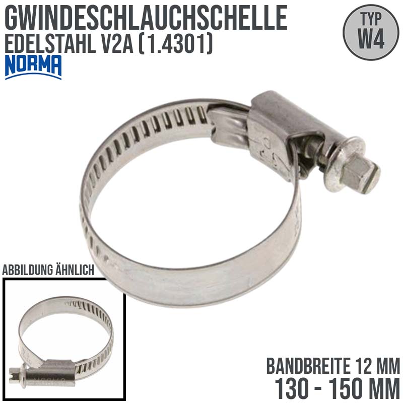 130 - 150 mm NORMA Schlauch Gewinde Rohr Schelle W4 Edelstahl 1.4301 - Band 12 mm