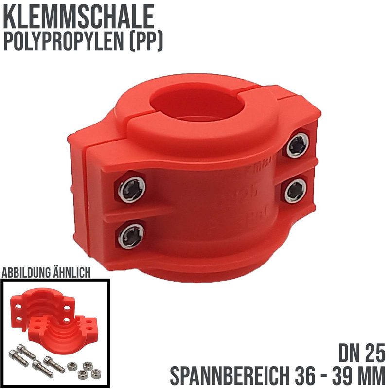 DN 25 Klemmschale Polypropylen PP rot Spannbereich 36 - 39 mm für Schlauch ID x AD 25 x 37 mm - PN 8 bar