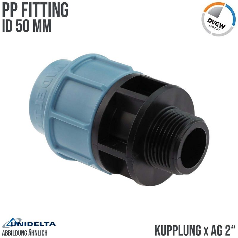 50 mm x 2" PE PP Fitting Klemm Verbinder Verschraubung Muffe Rohr Kupplung x AG DVGW - Unidelta