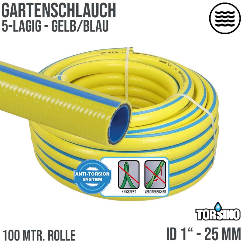 25 mm 1" Zoll 5-lagiger Garten Wasser Bewässerung Schlauch gelb Torsiono Plus PN 8 bar - 100m