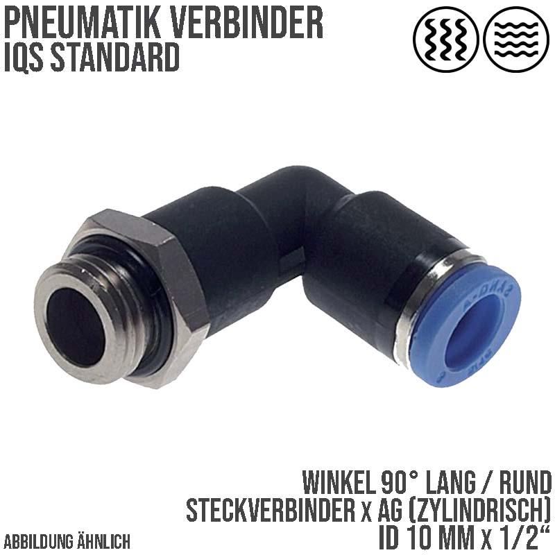 10 mm x 1/2" Pneumatik Steck Verbinder Winkel 90° rund lang rund IQS Außengewinde zylindrisch - PN 20 bar