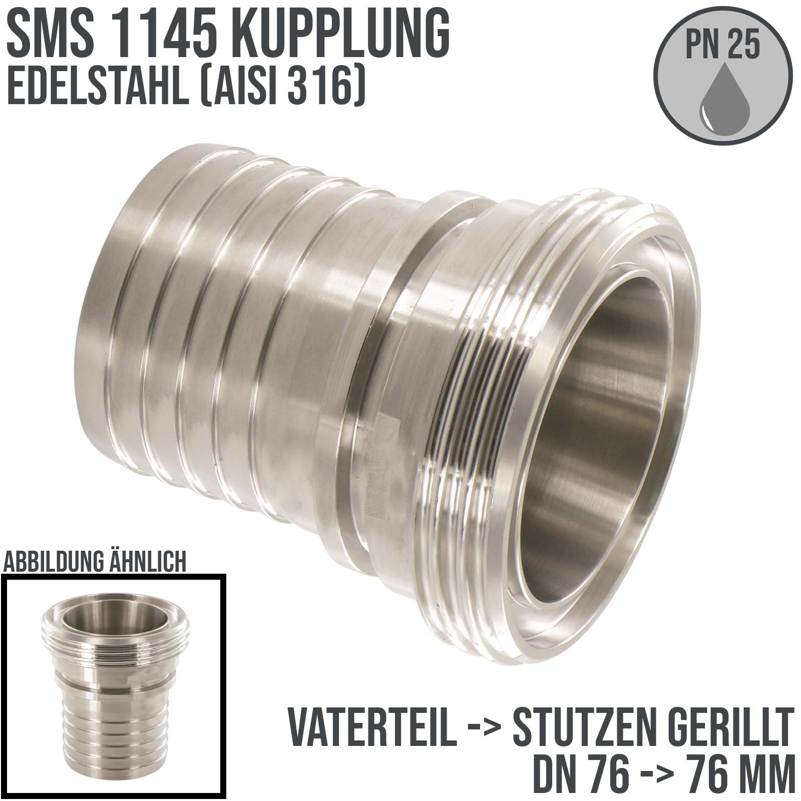 DN 76 SMS Kupplung 1145 Vaterteil VT Außengewinde Sicherungsbund - Stutzen gerillt 76 mm - PN 25 bar