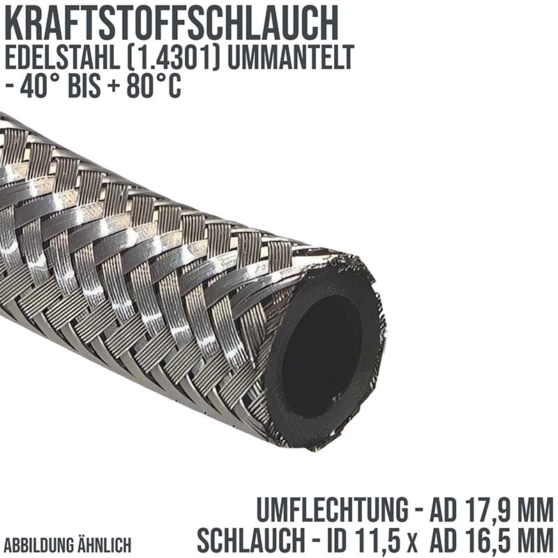 11,5 x 16,5 mm Kraftstoff Silber Benzin Öl Schlauch Edelstahl 1.4301 Draht Umflechtung NBR - PN 17 bar