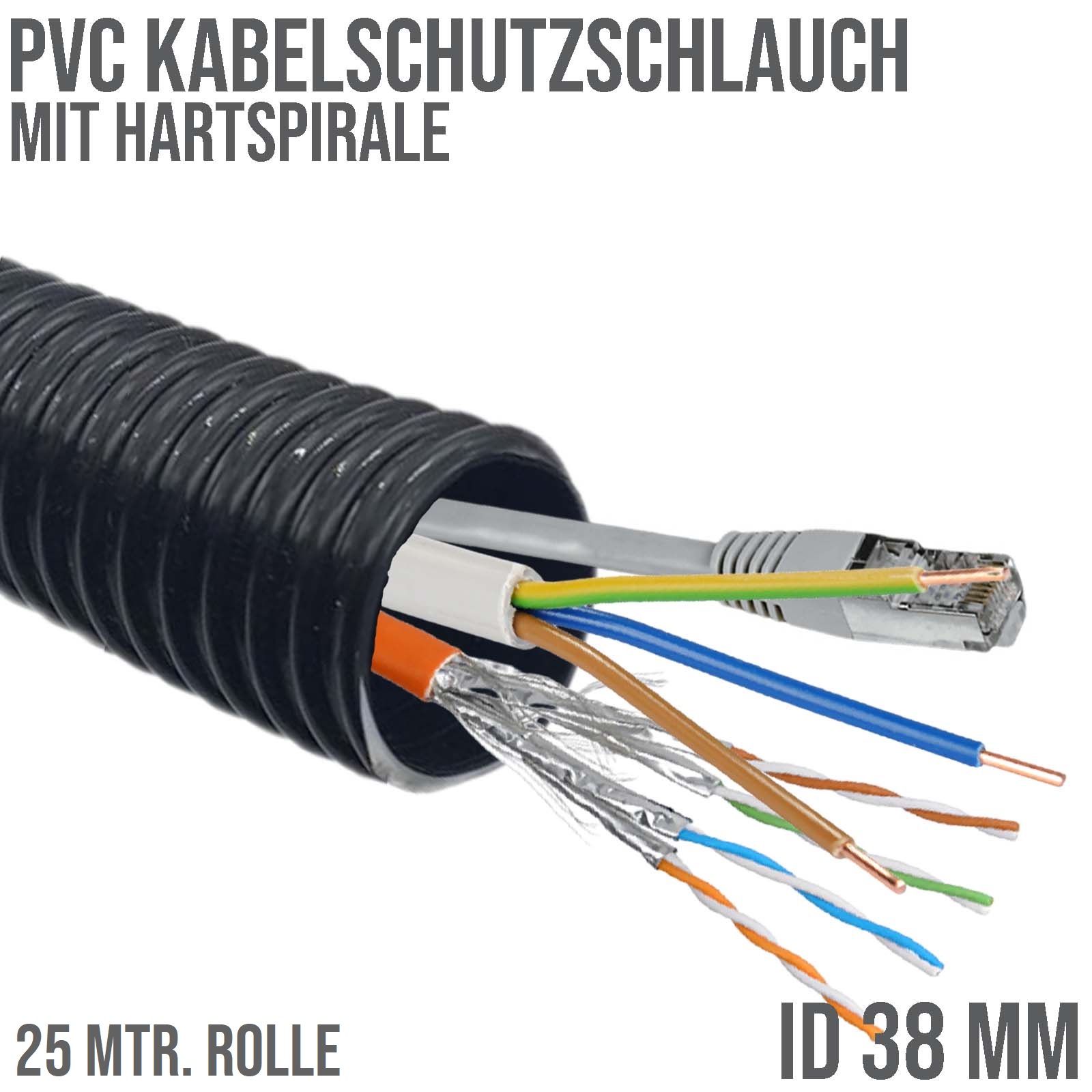 38 mm 1 1/2" Zoll PVC Kabel Schutz Leer Spiral Schlauch Rohr Leitung Strom Wellrohr - 25 m