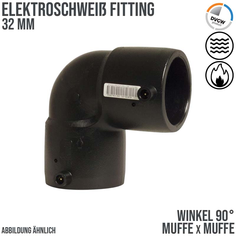 32 mm PE 100 Elektro Schweiß Fitting Winkel 90° Muffe SDR 11 DVGW 24 VAC schwarz