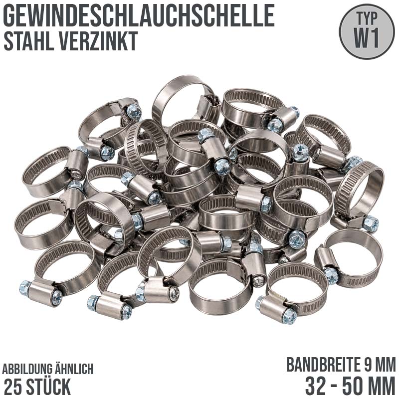 32 - 50 mm Schlauchschelle W1 Stahl verzinket Rohr Gewinde Schelle (Band 9 mm) - 25 Stück