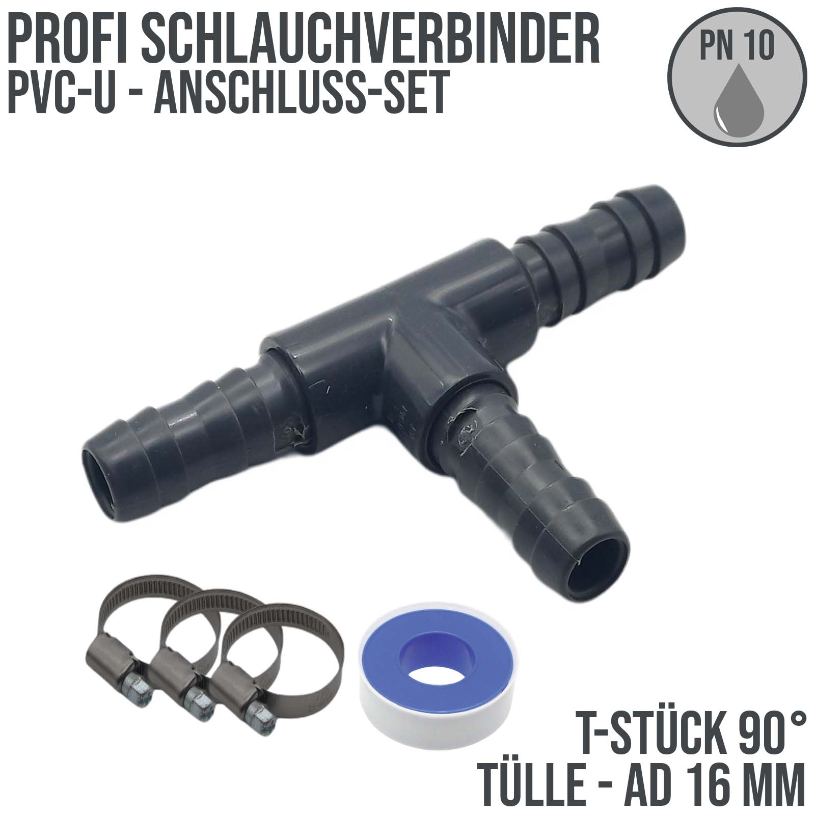 16 mm PVC PROFI T-Stück 90° Schlauch Verbinder Stutzen Tülle Pool Teich Garten - PN 10 bar - Montage-Set