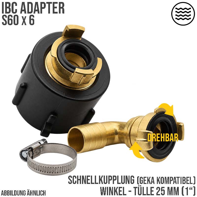 S60 x 6 IBC Adapter auf Schnellanschluss + 90° Kupplung drehbar 1" 25mm Container Tank Zubehör (GEKA kompatibel)