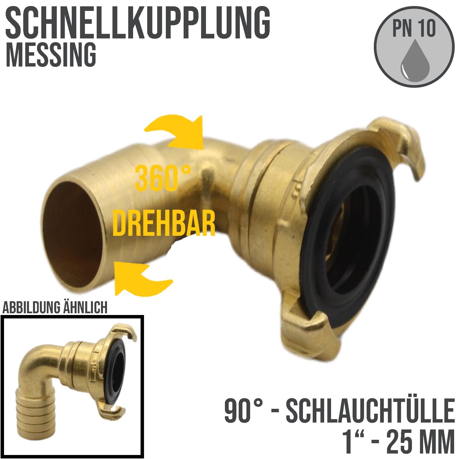 1" 25 mm  Messing Schlauch Schnell Kupplung 90° Winkel Tülle drehbar (GEKA kompatibel) - PN 10 bar