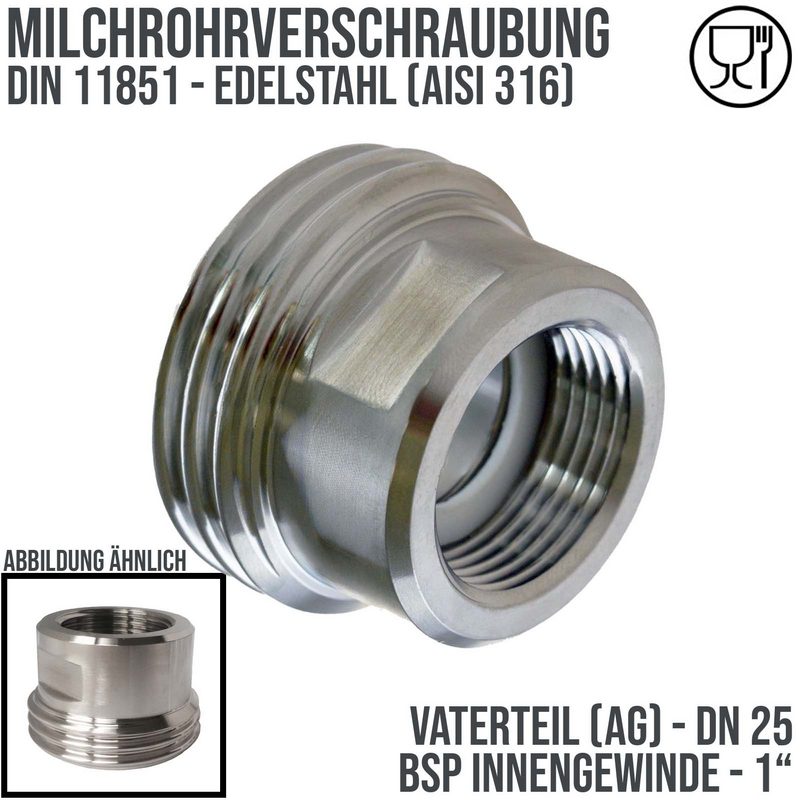 DN 25 Milchrohr Verschraubung DIN 11851 VT Vaterteil Außengewinde RD Innengewinde 1" - PN 25 bar