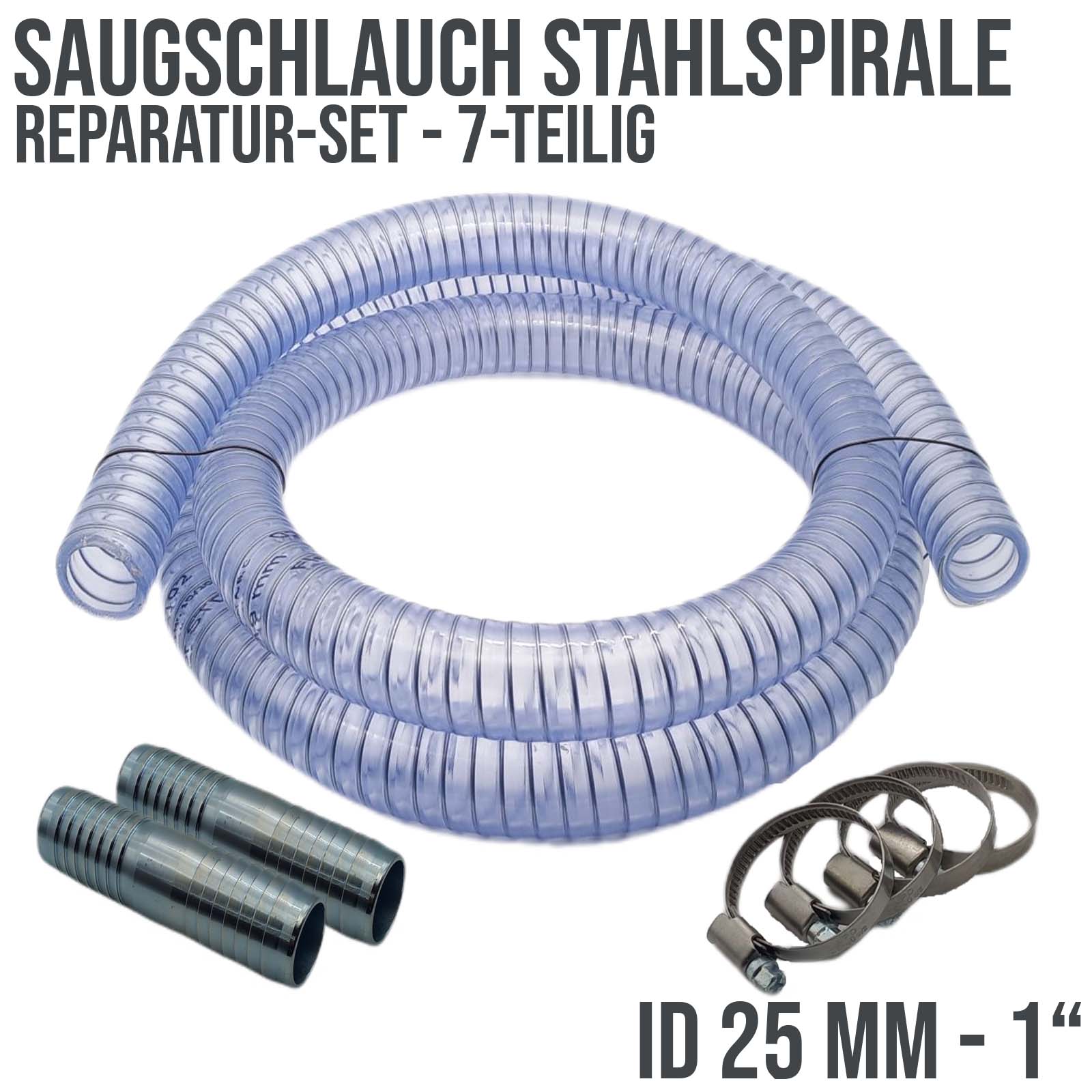 Schlauch Reparatur Set PVC Saugschlauch Stahlspirale Verlängerung 25 mm (1") - 7-teilig