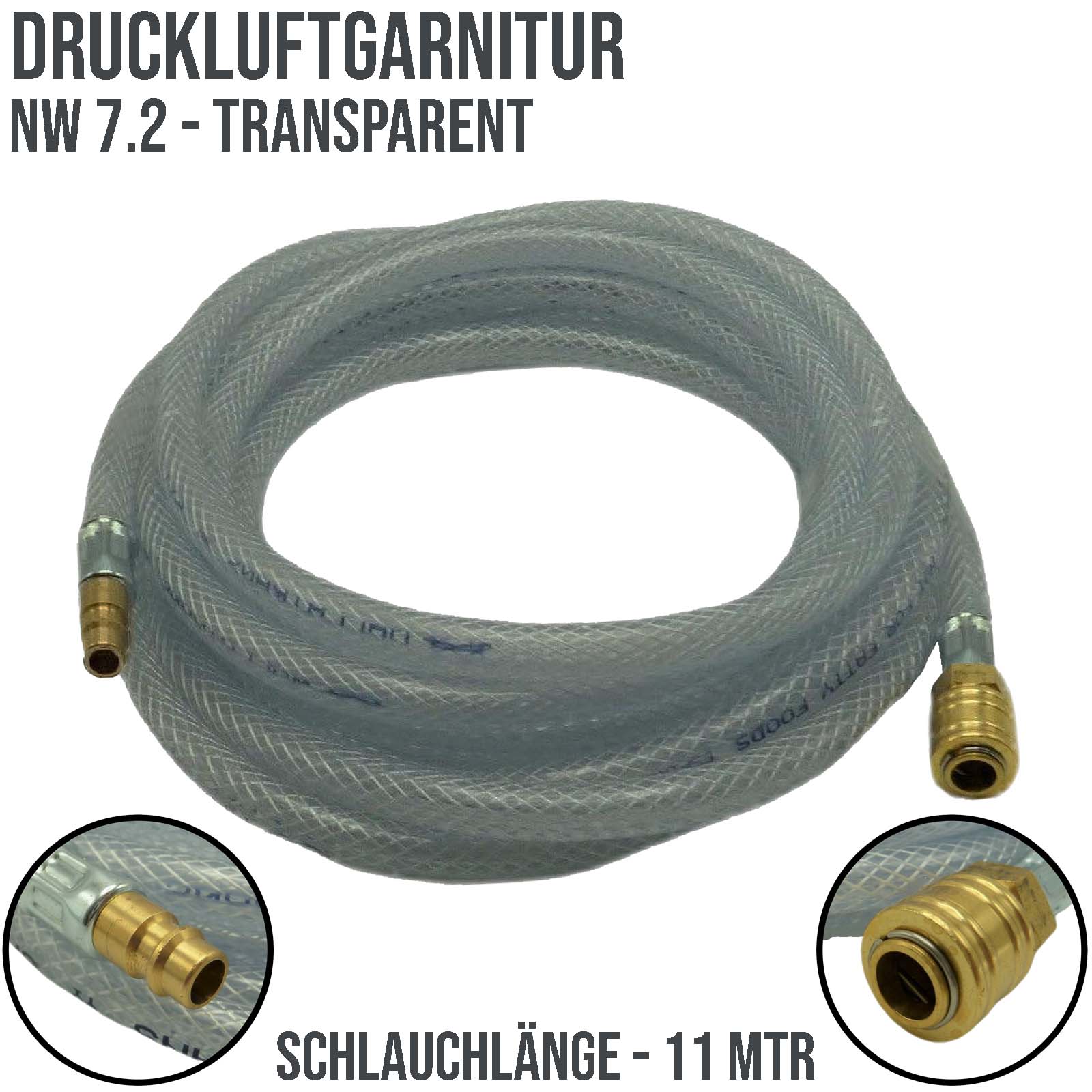 13 mm PVC Druckluft Pressluft Luft Kompressor Garnitur Schlauch transparent - PN 15 bar - 11 m
