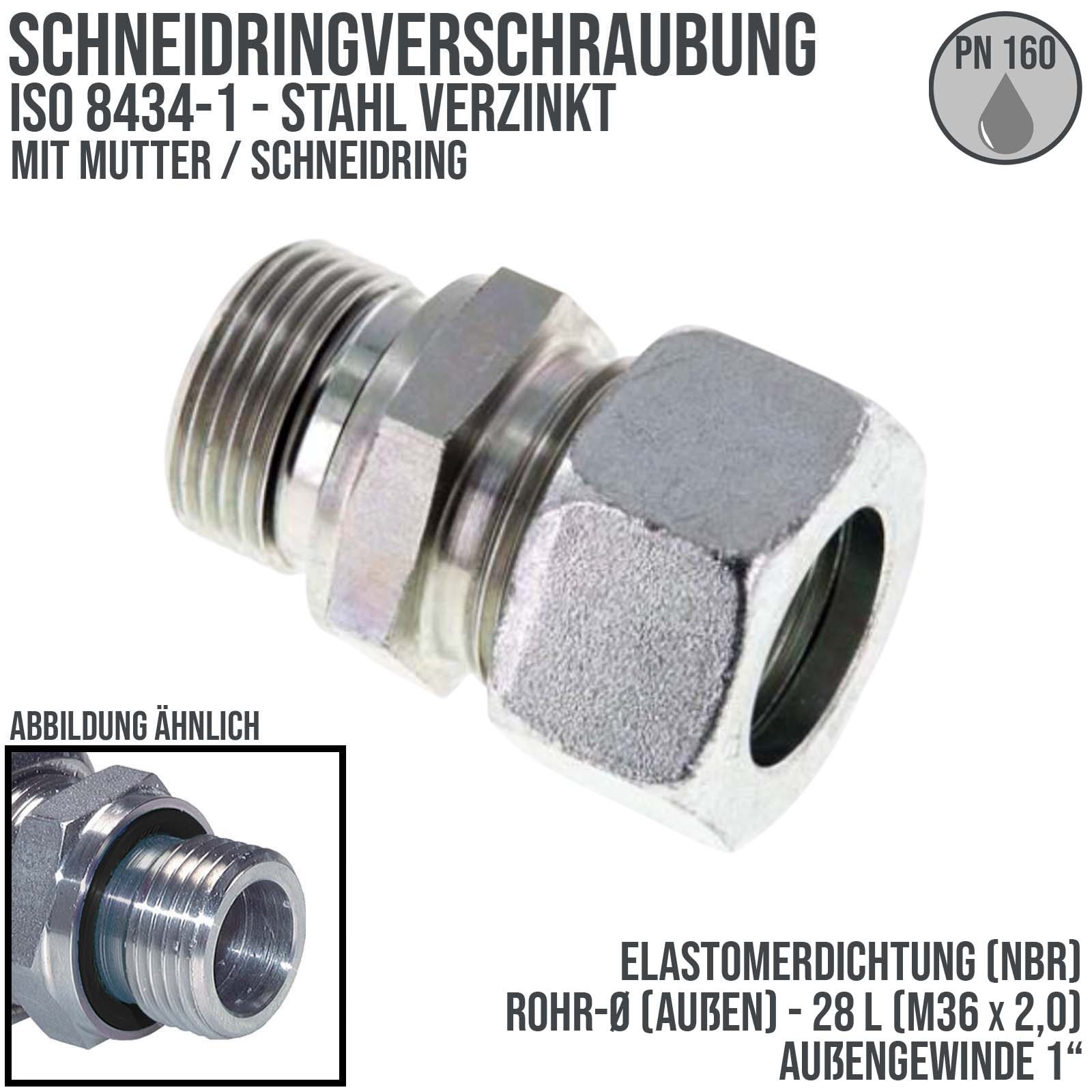 1" AG 28 L Schneidring Verschraubung Außengewinde M 36 x 2,0 Stahl verzinkt Elastomer Dichtung NBR - PN 160 bar