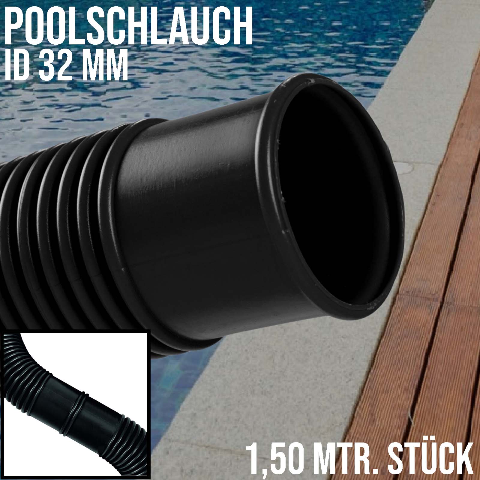 32 mm Schwimmbad Pool Solar Saug Ansaug Teich Schlauch schwarz - 1,5 m Stück