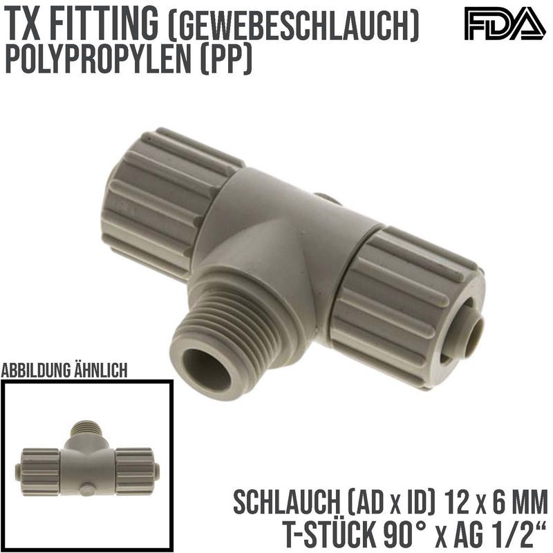 12 x 6 mm x 1/2" T-Stück 90° Außengewinde TX Fitting Gewebe Schlauch Verbinder FDA PP beige - PN 10 bar