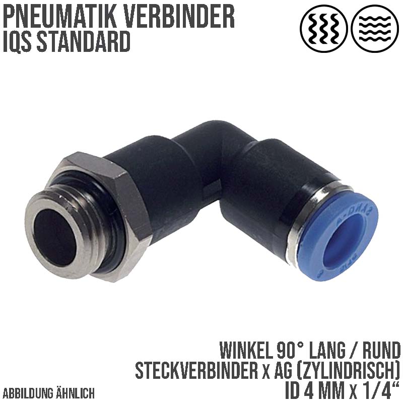 4 mm x 1/4" Pneumatik Steck Verbinder Winkel 90° rund lang rund IQS Außengewinde konisch - PN 20 bar