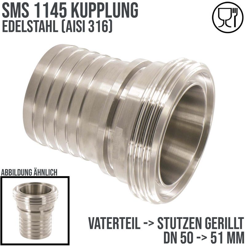 DN 50 SMS Kupplung 1145 Vaterteil VT Außengewinde Sicherungsbund - Stutzen gerillt 51 mm - PN 25 bar
