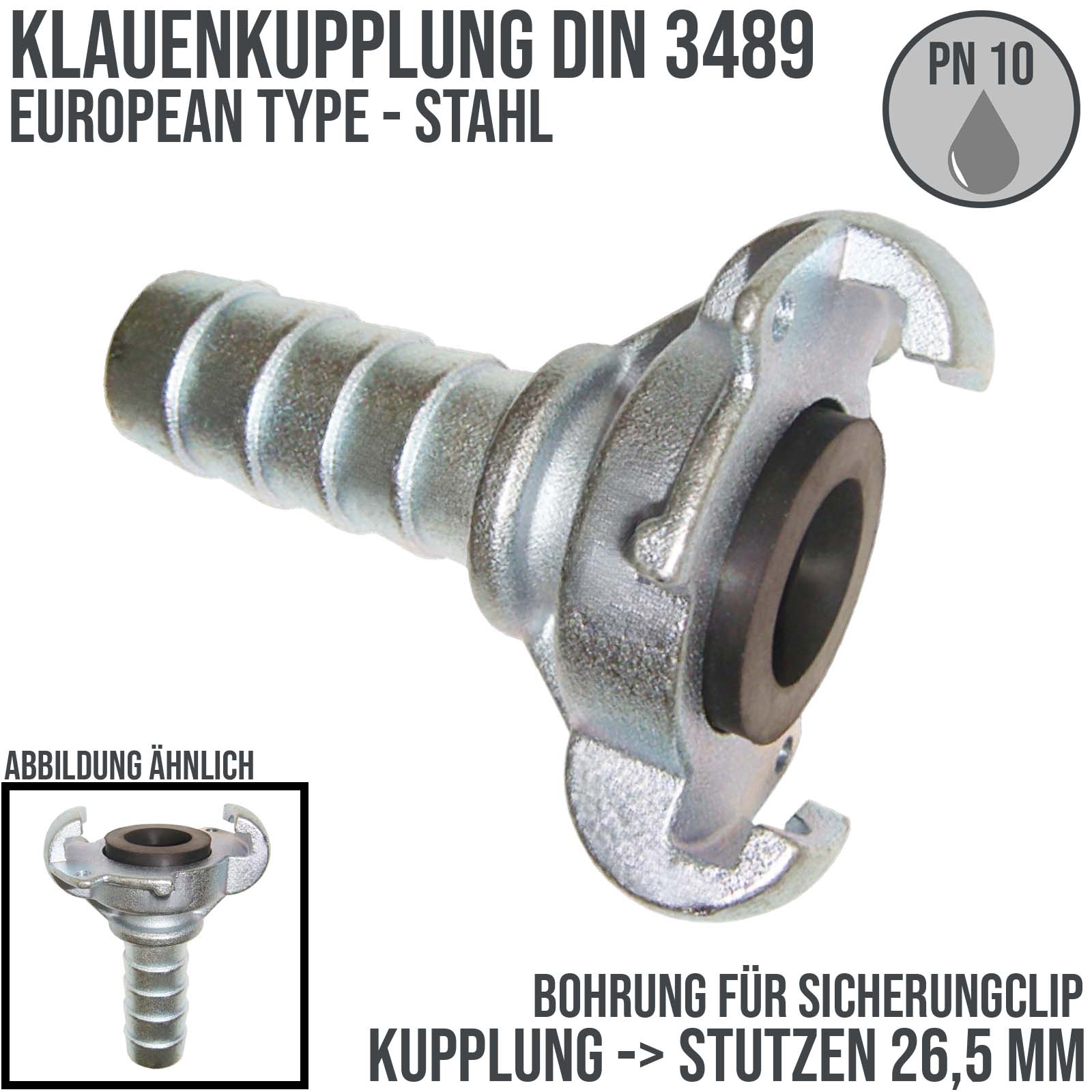 1" Klauen Kupplung Stahl European Type Abstand 42 mm Bohrung Schlauch Stutzen Tülle 26,5 mm Bohrung - PN 10 bar