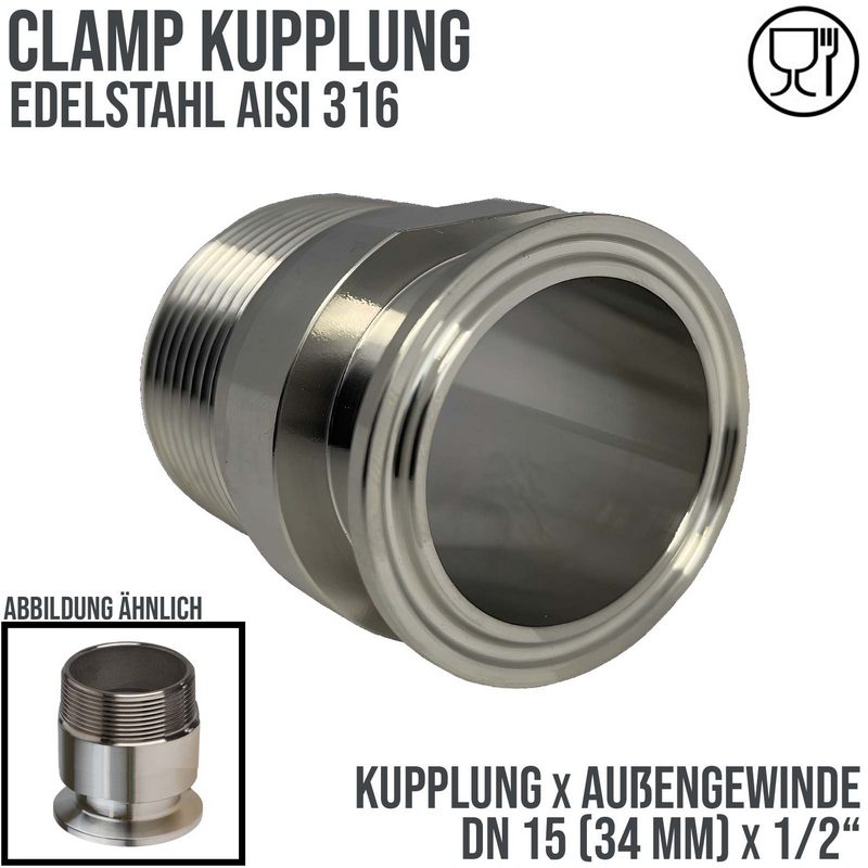 DN 15 CLAMP Kupplung 34 mm DIN 32676 Außengewinde AG 1/2" - PN 16 bar