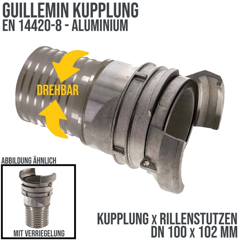 DN 100 Guillemin Kupplung Verriegelung Rillen Stutzen Tülle 102 mm drehbar Sicherungsbund Aluminium - PN 16 bar