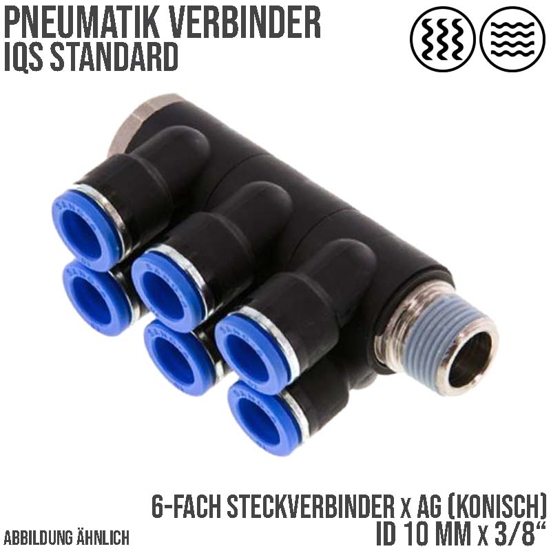 10 mm x 3/8" Pneumatik Steck Verbinder 6-fach Verteiler IQS Außengewinde konisch - PN 20 bar