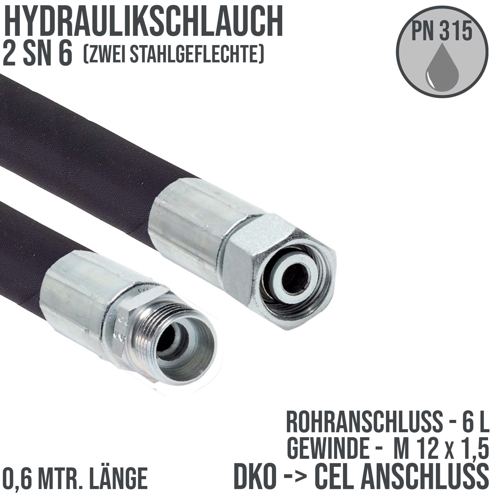 Hydraulikschlauch DN 6 2SN6 - 6 L DKO (IG) auf CEL (AG) Anschluss (M 12 x 1,5) - 600 mm
