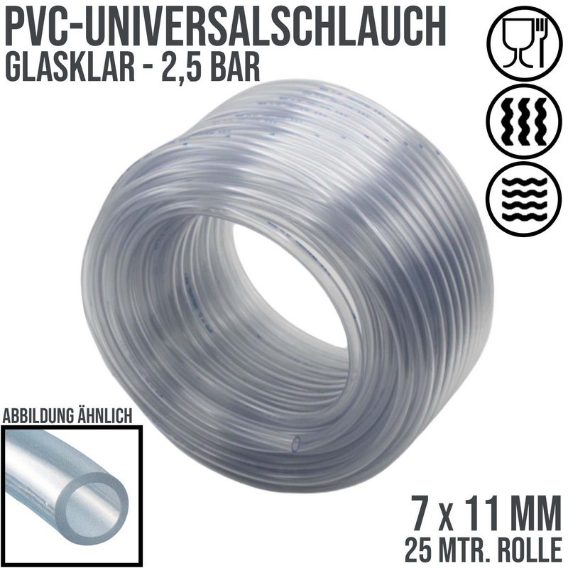 7 x 11 mm PVC Luft Filter Wasser Universal Labor Aquarium Terrarium Schlauch klar durchsichtig - PN 2,5 bar  - 25 m