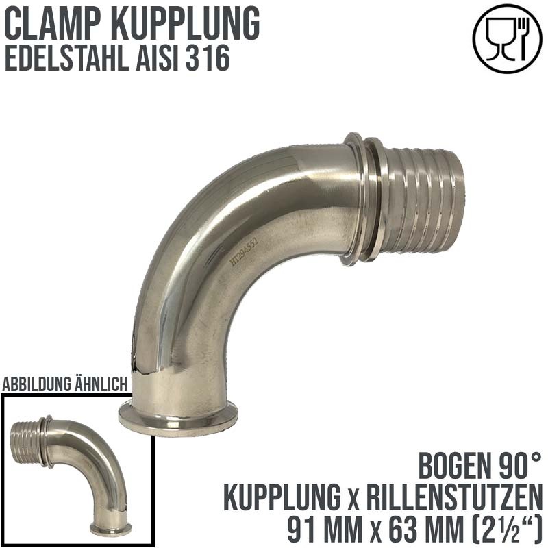 CLAMP Kupplung 90° Bogen 91 mm Schlauch Stutzen Tülle Rillen 63 mm 2 1/2" - PN 16 bar