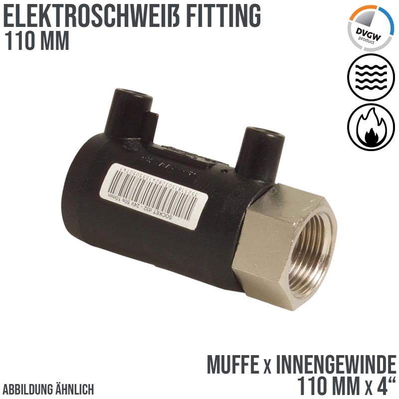 110 mm PE 100 Elektro Schweiß Fitting Muffe x Innengewinde 110 mm x 4" SDR 7,6 DVGW 24 VAC schwarz