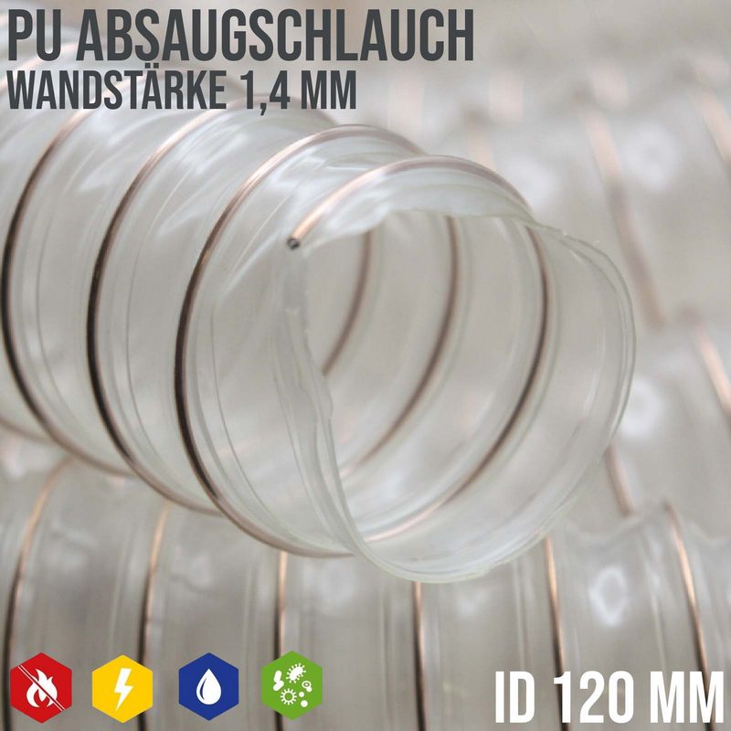 120 mm PU Saug Ansaug Druck Spiral Flex Staub Holz Metall Späne Schlauch Anlage - Wandstärke 1,4 mm - PN 0,99 bar