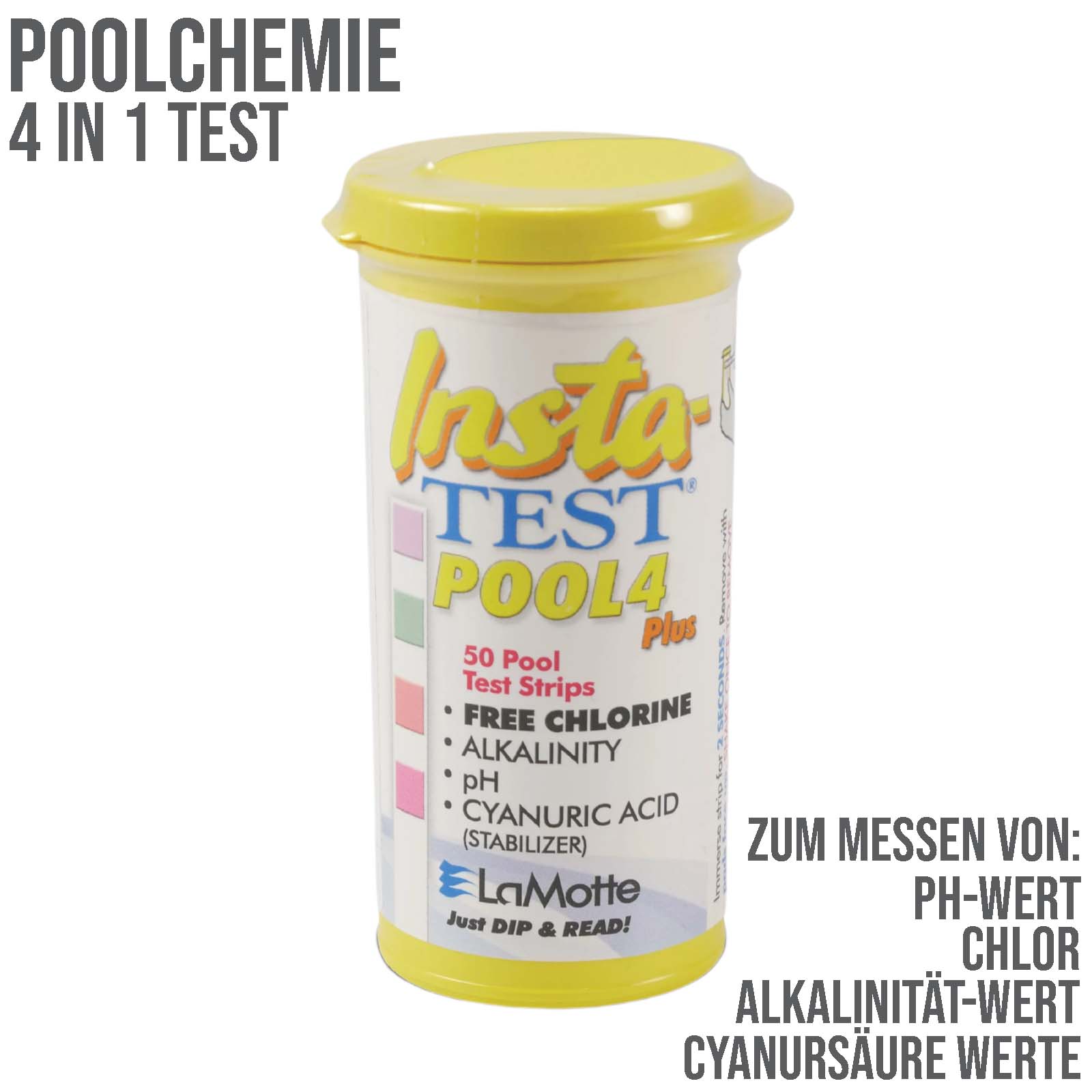 Pool Chemie Teststreifen 4 in 1 (gelb) Chlor pH  totale Alkalinität- und Cyanursäure Werte - 50 Stück