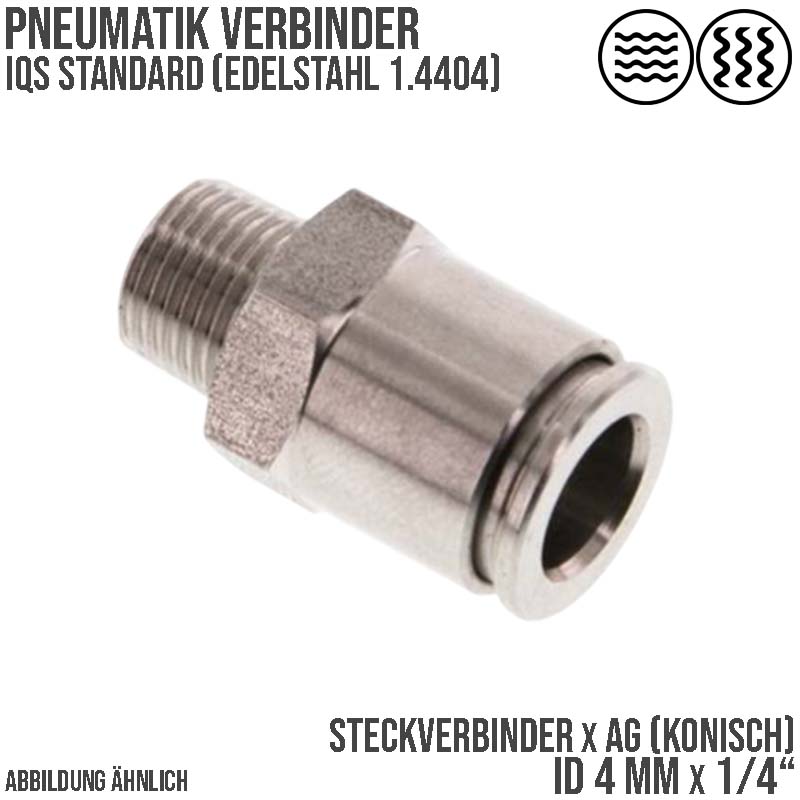 4 mm x 1/4" Pneumatik Schnell Steck Verbinder IQS Edelstahl VA 1.4404 Außengewinde konisch - PN 15 bar