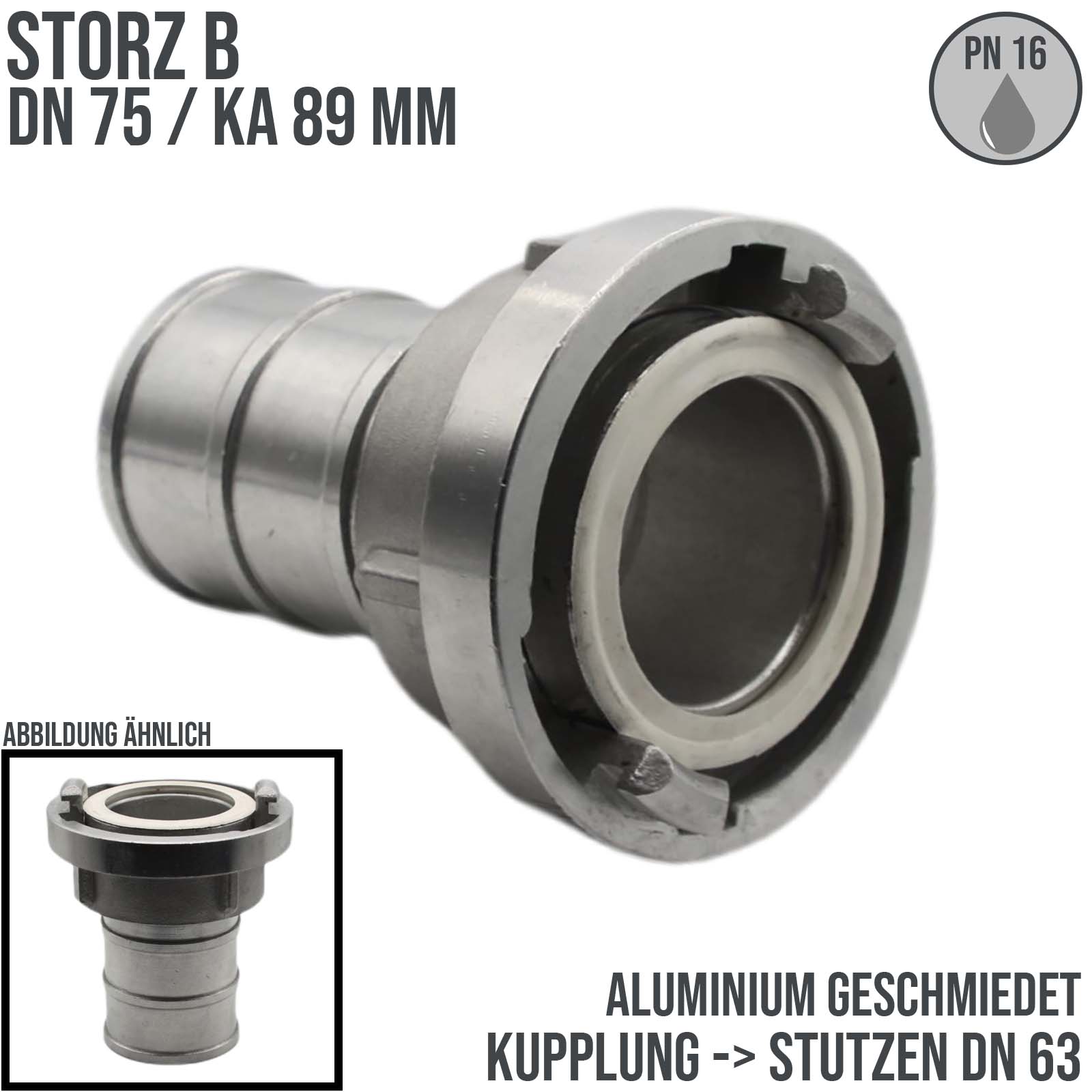 STORZ B DN75 KA89 Saug Kupplung -> Stutzen Tülle DN63 Bau Feuerwehr Schlauch PN 16 bar